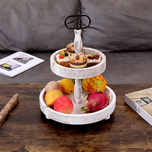 SWT8CAI 2 Tier Tray Rustic Cake Stand Farmhouse Kitchen Decor Centerpiece,Farmhouse Serving Tray with Handle for Coffee Bar - Image 4