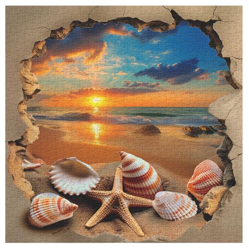 PPuzzling Beach Sunset Puzzles for Adults 1000 Pieces Ocean Starfish Seashell Jigsaw Puzzles Vintage Beach Shells Puzzle as Wall Decor - Image 5