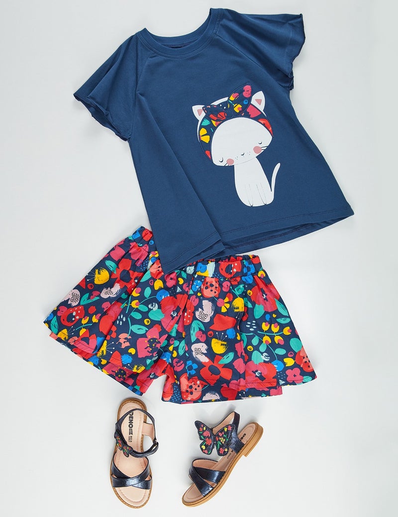 Denokids Floral Cat Girl T-shirt Poplin Shorts Set  - Image 3