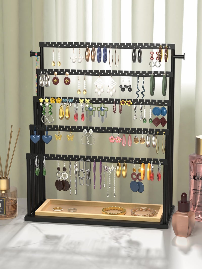TIPSYTREE Earring Holder Organizer, 5-Tier Step Jewelry Display Stand with Metal Frame and Wooden Storage Box, Large Earring Holder for Studs, Hoops, Dangles, Modern Jewelry Organizer for Women - Image 4
