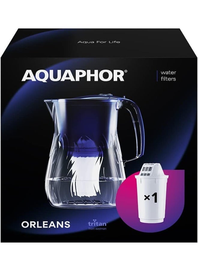 Aquaphor Orleans A5 Mg Water Filter Jug 4.2L, for reduction of limescale, Chlorine and other impurities, 1x A5 350 litre Added Magnesium Cartridge - Premium Water Filter jug in Glass effect (Cobalt Blue) - Image 1