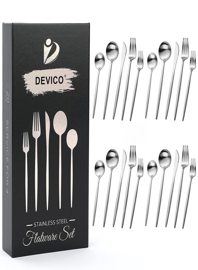 DEVICO طقم أدوات مائدة ديفيكو مات، 20 قطعة من الفولاذ المقاوم للصدأ 18/10، طقم أدوات مائدة لأربعة أشخاص، هدية رائعة للأصدقاء/العائلة، آمن للغسل في غسالة الصحون (4 أطقم، فضي-أ) - Image 1