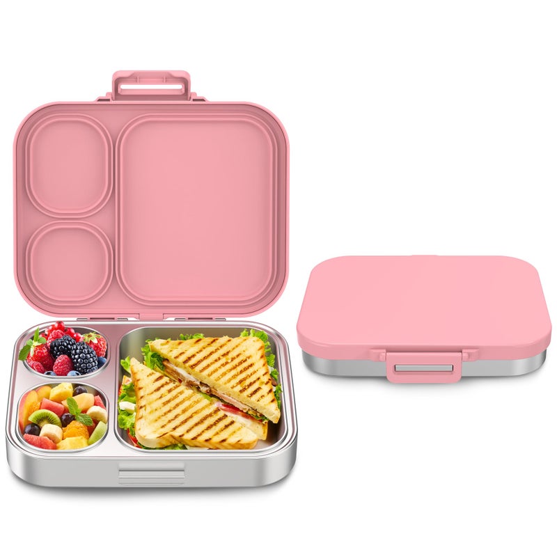 Howeemo Stainless Steel Bento Box Kids Leak Proof Metal Bento Lunch Box3 Compartments 304 Stainless Steel Bento Lunch Containers for School and Office BPAFreePink