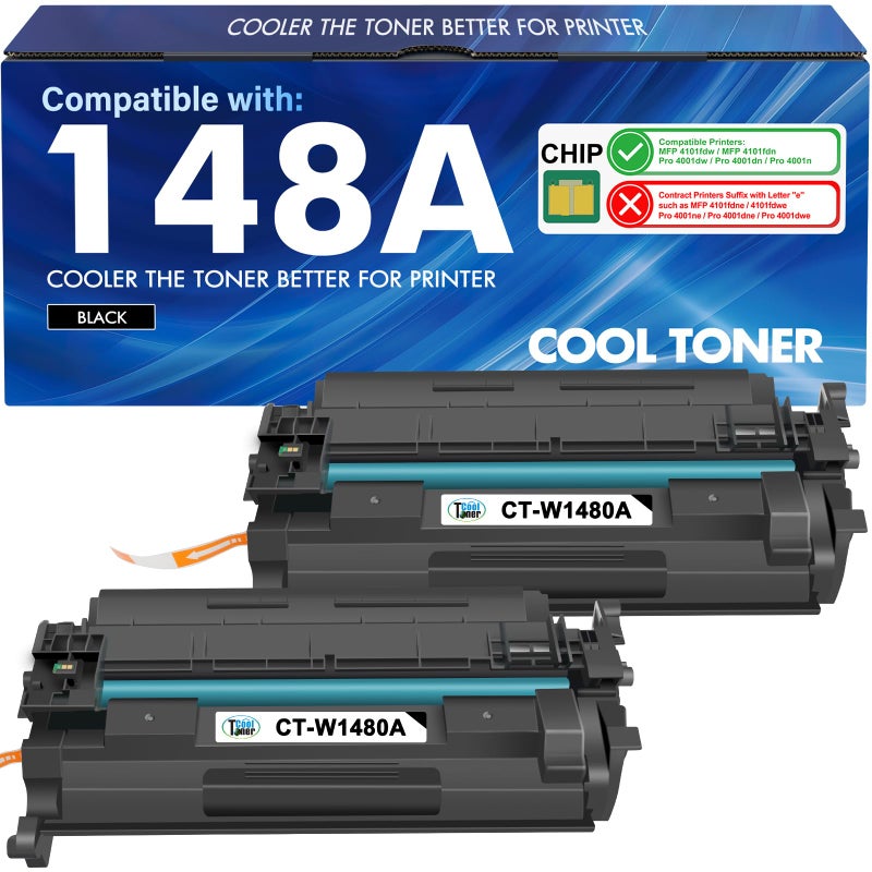 Cool Toner 148A Toner Cartridge Black 4001n 4101fdw W1480A 148X Compatible Replacement for HP 148 148A W1480X for HP LaserJet Pro MFP 4101fdw 4101fdn Pro 4001dw 4001dn Printer Ink (2 Pack with Chip) - Image 1