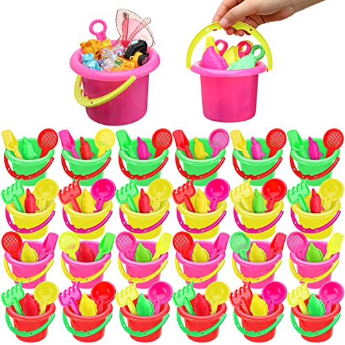 Jexine 96pcs Beach Party Favors for Kid 24 Set Sand Buckets and Shovels for Bucket Party Favor Sand Box Play Set and Mini Beach Pail Includes Shovel, Rake, Scoop Summer Outdoor Toys for Toddlers - Image 1