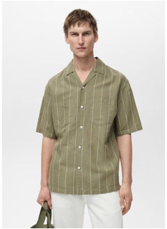 Mango Man Pinstripes Linen Bowling Shirt  - Image 1