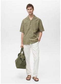 Mango Man Pinstripes Linen Bowling Shirt  - Image 4