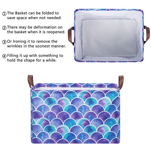 Funnewban Mermaid Storage Bin Basket Collapsible with Leather Handles Waterproof Canvas Storage Cube Box for Closet Toys Clothes Nursery Room Gift Basket - Image 4