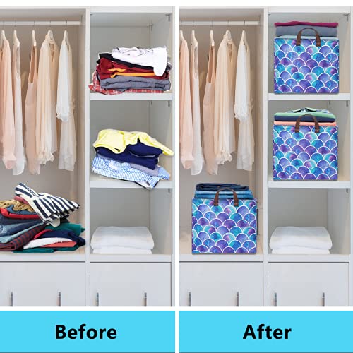 Funnewban Mermaid Storage Bin Basket Collapsible with Leather Handles Waterproof Canvas Storage Cube Box for Closet Toys Clothes Nursery Room Gift Basket - Image 5