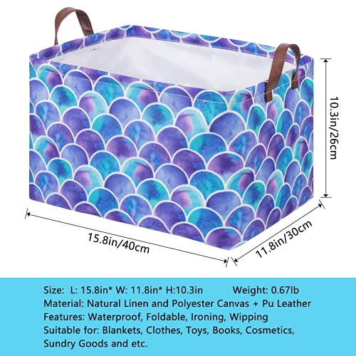 Funnewban Mermaid Storage Bin Basket Collapsible with Leather Handles Waterproof Canvas Storage Cube Box for Closet Toys Clothes Nursery Room Gift Basket - Image 2