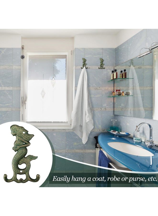 Otoolling 2 Pack Cast Iron Verdigris Mermaid Wall Hooks Vintage Rustic Coat Hooks with Screw Decorative Wall Mounted Antique Christmas Metal Towel Hanger Gifts Nautical Decor for Key Clothes Scarf Bag - Image 4