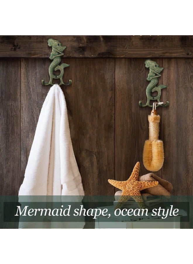 Otoolling 2 Pack Cast Iron Verdigris Mermaid Wall Hooks Vintage Rustic Coat Hooks with Screw Decorative Wall Mounted Antique Christmas Metal Towel Hanger Gifts Nautical Decor for Key Clothes Scarf Bag - Image 3