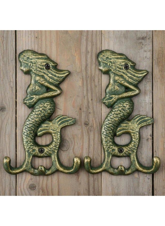 Otoolling 2 Pack Cast Iron Verdigris Mermaid Wall Hooks Vintage Rustic Coat Hooks with Screw Decorative Wall Mounted Antique Christmas Metal Towel Hanger Gifts Nautical Decor for Key Clothes Scarf Bag - Image 1