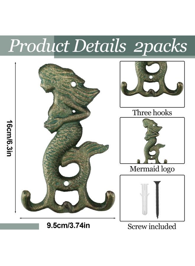 Otoolling 2 Pack Cast Iron Verdigris Mermaid Wall Hooks Vintage Rustic Coat Hooks with Screw Decorative Wall Mounted Antique Christmas Metal Towel Hanger Gifts Nautical Decor for Key Clothes Scarf Bag - Image 2
