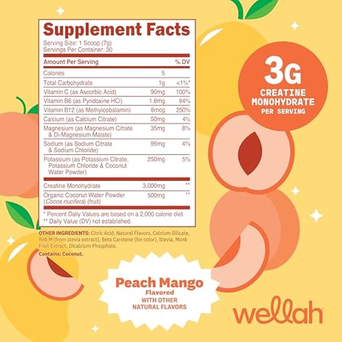 Wellah Creatine + Hydration Powder (Peach Mango) 30 Servings - Electrolyte Drink with 3g of Creatine Monohydrate - Image 2
