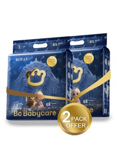 Babycare Babycare - Royal Baby Diapers, Size 1 (2–5 Kg), Pack of 2 (136 Pieces), BPA-Free, Non-Toxic, Ultra-Absorbent, Leak-Proof, Soft and Breathable, Hypoallergenic, Gentle on Newborn Skin, Secure Fit, Ideal for Newborns, Easy to Change, Day and Night Comfort, Dermatologist-Tested, Lightweight and Safe  - Image 1