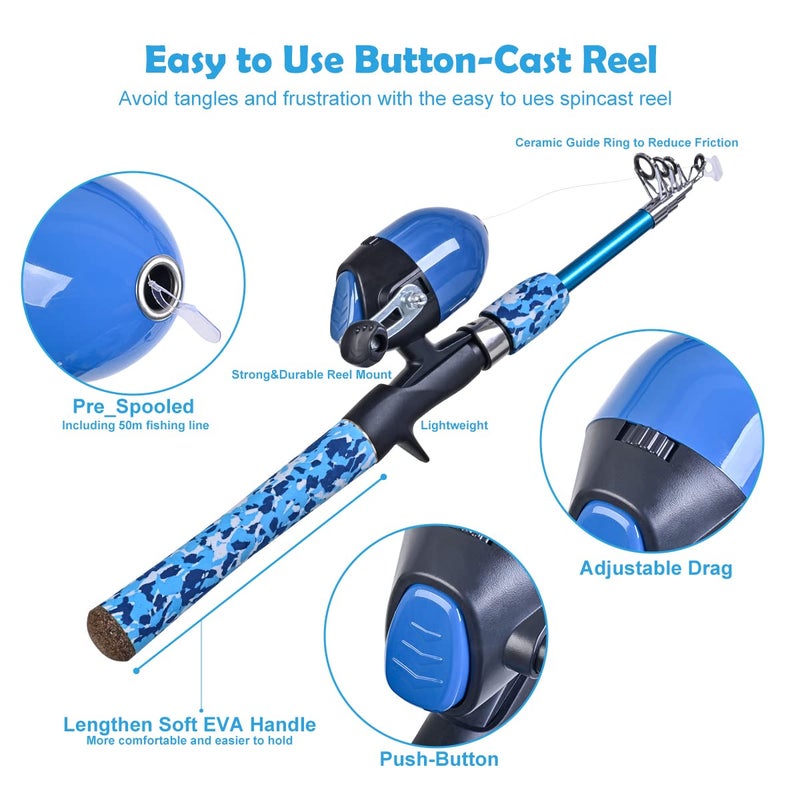CODEK Kids Fishing Pole Set with Full Starter Kits 2 Set Portable Telescopic Fishing Rod and Spincast Reel Cambos with a Fishing Net and 2 Buckets for Boys Girls and Youth (Blue+Orange) - Image 2