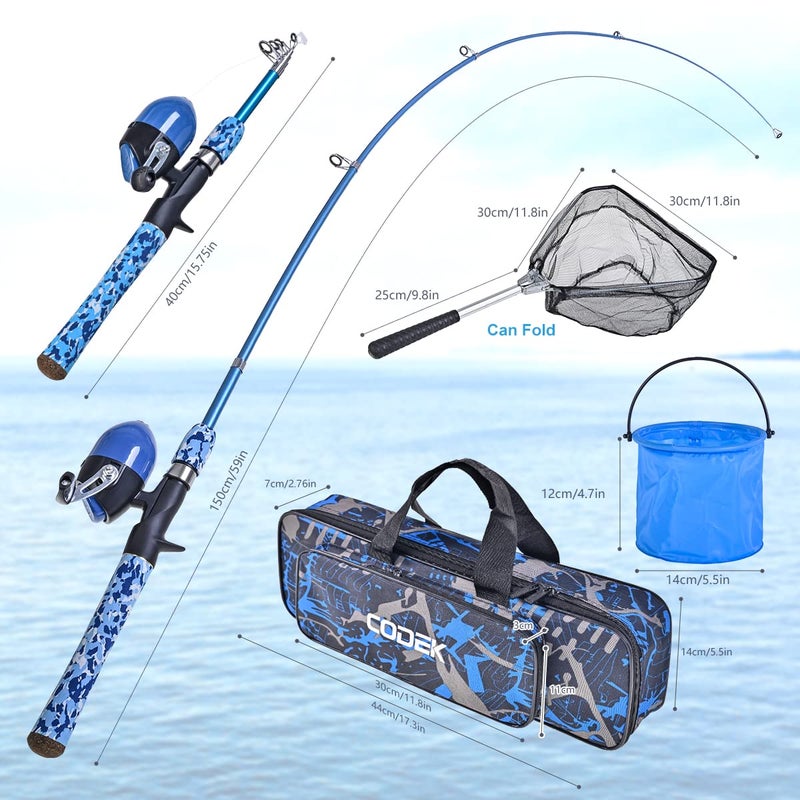 CODEK Kids Fishing Pole Set with Full Starter Kits 2 Set Portable Telescopic Fishing Rod and Spincast Reel Cambos with a Fishing Net and 2 Buckets for Boys Girls and Youth (Blue+Orange) - Image 4