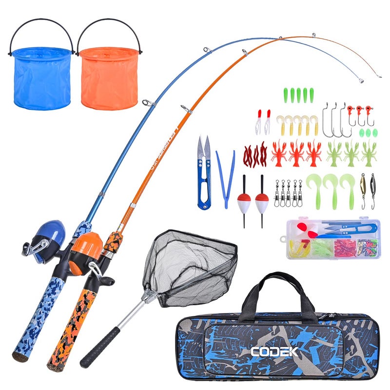 CODEK Kids Fishing Pole Set with Full Starter Kits 2 Set Portable Telescopic Fishing Rod and Spincast Reel Cambos with a Fishing Net and 2 Buckets for Boys Girls and Youth (Blue+Orange) - Image 1