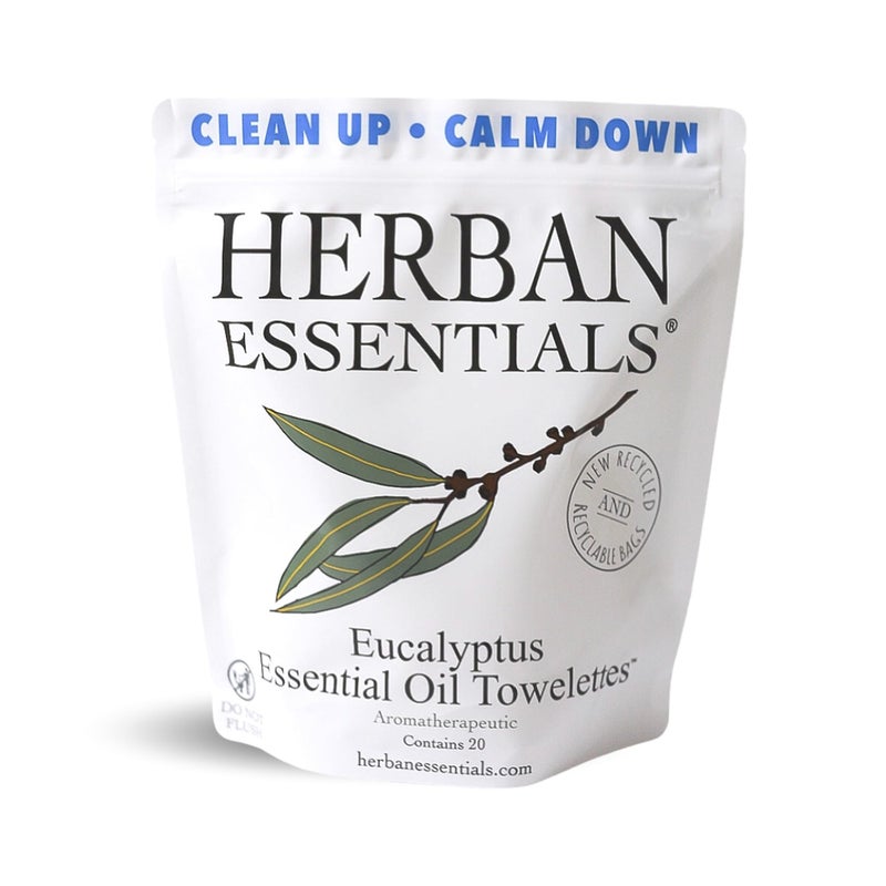 Herban Essentials Eucalyptus Wipes Towelettes Essential Oil Wipes for Hands Body Travel Size Essentials and Toiletries Natural Individually Wrapped Disposable Moist Refresh 20 count