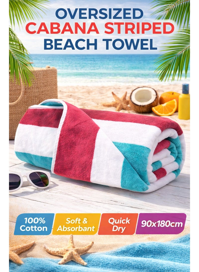 م اكس م منشفة شاطئ كبيرة، مخمل فخم فاخر 100% قطن كابانا منشفة حمام سباحة مخططة، ناعمة وماصة، 630 جرام في المتر المربع، 90x180 سم (مخطط أحمر)