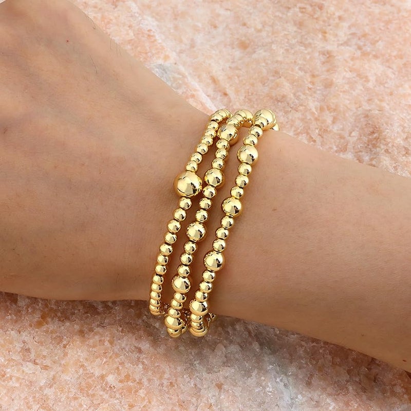 ريوكسفو Reoxvo Gold Beaded Bracelets for Women Stackable 14K Real Gold Plated Stretchy Elastic Bead Ball Bracelet Set Adjustable Paperclip Link Chain Bracelet Jewelry for Women Trendy - Image 2