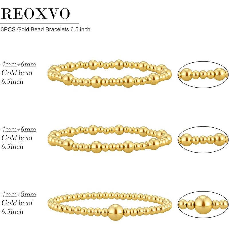 ريوكسفو Reoxvo Gold Beaded Bracelets for Women Stackable 14K Real Gold Plated Stretchy Elastic Bead Ball Bracelet Set Adjustable Paperclip Link Chain Bracelet Jewelry for Women Trendy - Image 5