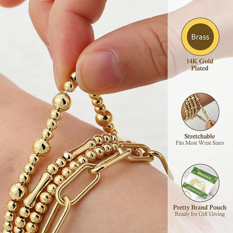 ريوكسفو Reoxvo Gold Beaded Bracelets for Women Stackable 14K Real Gold Plated Stretchy Elastic Bead Ball Bracelet Set Adjustable Paperclip Link Chain Bracelet Jewelry for Women Trendy - Image 4