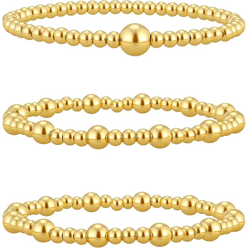 ريوكسفو Reoxvo Gold Beaded Bracelets for Women Stackable 14K Real Gold Plated Stretchy Elastic Bead Ball Bracelet Set Adjustable Paperclip Link Chain Bracelet Jewelry for Women Trendy - Image 1