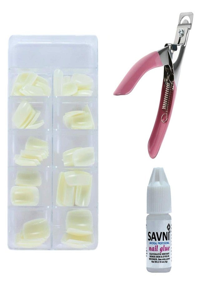 SAVNI combo of 100 pieces White acrylic nail extensions, Nail art glue and Acrylic nails edge cutter - Image 2