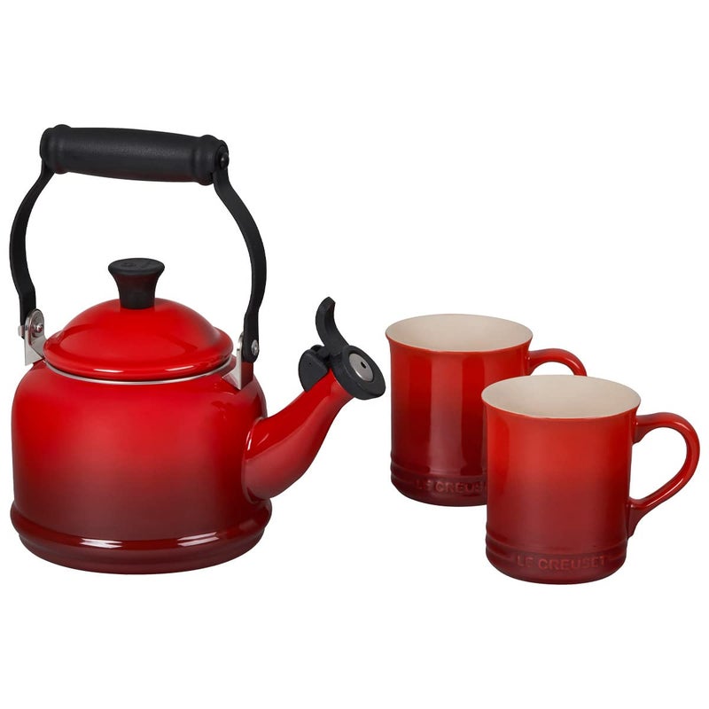 Le Creuset Le Creuset Enamel On Steel Demi Kettle  Stoneware Set of 2 Mugs 125 qt Kettle  2 14 oz Mugs Cerise 