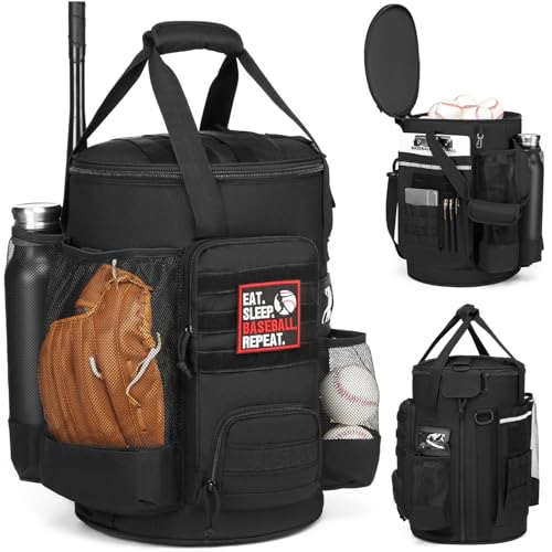 SunForMorning Baseball Bucket Bag Baseball Coaching Accessories Organizer Softball Bucket Bag with Anti-Slip Bottom & Multiple Pockets for Bat, Gloves, Scoreboards, Black - Image 1