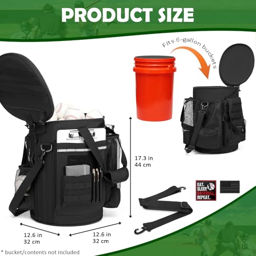 SunForMorning Baseball Bucket Bag Baseball Coaching Accessories Organizer Softball Bucket Bag with Anti-Slip Bottom & Multiple Pockets for Bat, Gloves, Scoreboards, Black - Image 2