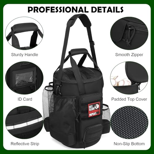 SunForMorning Baseball Bucket Bag Baseball Coaching Accessories Organizer Softball Bucket Bag with Anti-Slip Bottom & Multiple Pockets for Bat, Gloves, Scoreboards, Black - Image 4