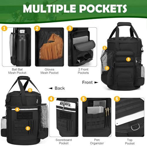 SunForMorning Baseball Bucket Bag Baseball Coaching Accessories Organizer Softball Bucket Bag with Anti-Slip Bottom & Multiple Pockets for Bat, Gloves, Scoreboards, Black - Image 3