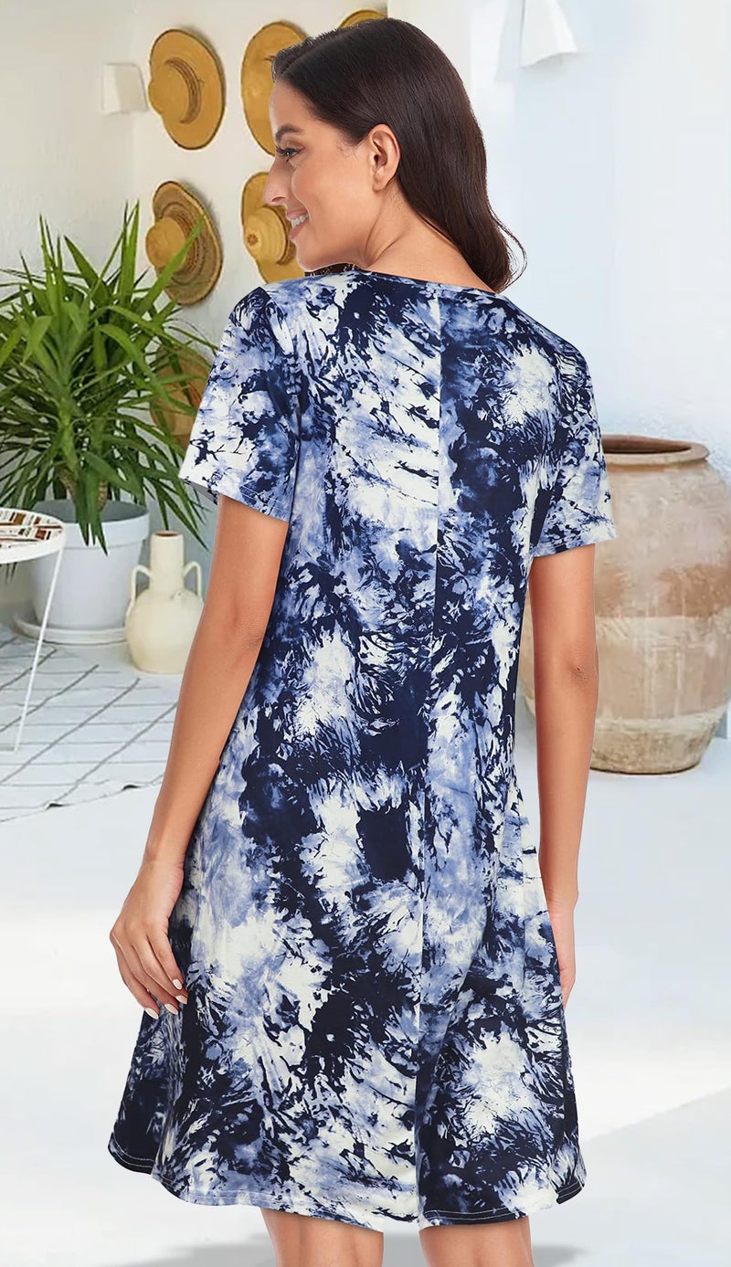 elescat Summer Beach Dress for Women Flowy Loose Swing Casual Sundresses Round Neck Sleepwear with Pockets (Dark Blue Tie Dye,L) - Image 4