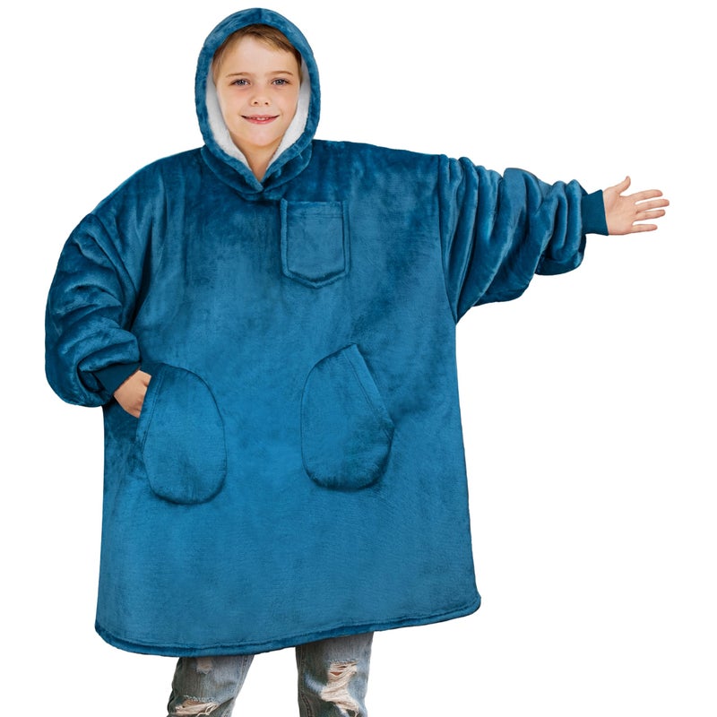 PAVILIA PAVILIA Wearable Blanket Sweatshirt for Kids Boy Girl Sea Blue Turquoise  Warm Cozy Giant Blanket Hoodie  Fleece Sherpa Oversized Blanket Sweatshirt with Sleeves  Two Pocket - Image 1