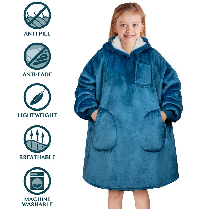 PAVILIA PAVILIA Wearable Blanket Sweatshirt for Kids Boy Girl Sea Blue Turquoise  Warm Cozy Giant Blanket Hoodie  Fleece Sherpa Oversized Blanket Sweatshirt with Sleeves  Two Pocket - Image 4