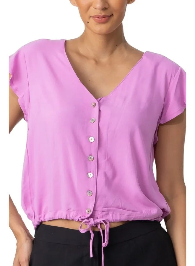 HaILYS Pink Button-Down V-Neck Top with Drawstring Hem - Short Sleeve Casual Blouse