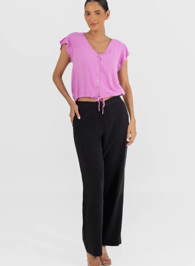 HaILYS Pink Button-Down V-Neck Top with Drawstring Hem - Short Sleeve Casual Blouse