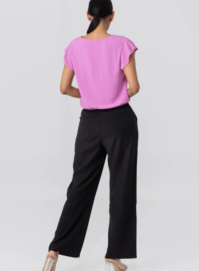 HaILYS Pink Button-Down V-Neck Top with Drawstring Hem - Short Sleeve Casual Blouse