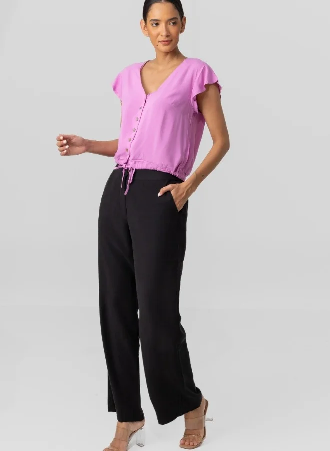 HaILYS Pink Button-Down V-Neck Top with Drawstring Hem - Short Sleeve Casual Blouse