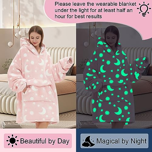 Fiosnow Glow in the Dark Star and Moon Blanket Hoodies for Women and Men Adult Fleece Sherpa Oversize Wearable Blanket Hoodies for Soft and Warm - Image 2