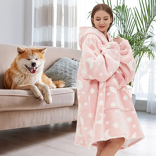 Fiosnow Glow in the Dark Star and Moon Blanket Hoodies for Women and Men Adult Fleece Sherpa Oversize Wearable Blanket Hoodies for Soft and Warm - Image 3