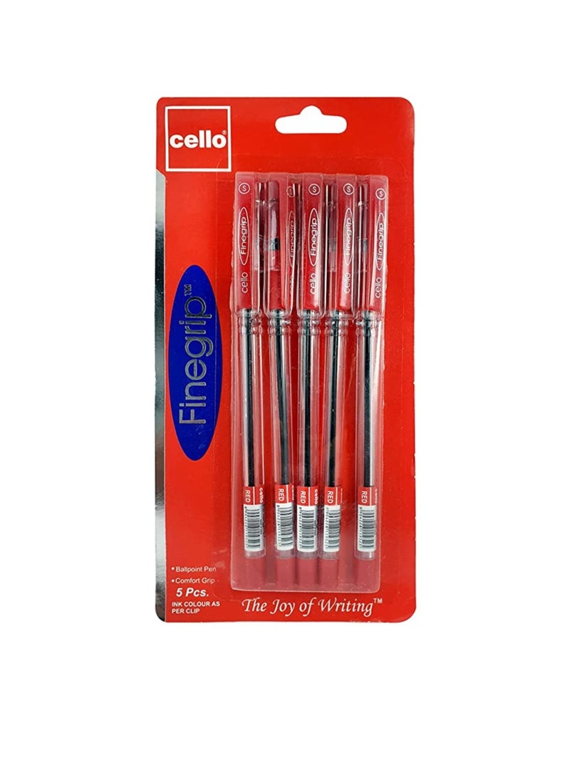 CELLO FINEGRIP BALL PEN 0.7MM BLISTER OF 5PC RED - Image 1