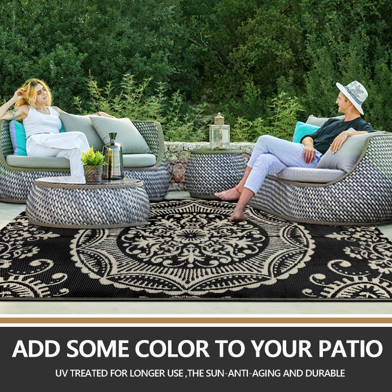 Capslpad 5x8 Outdoor Rug Waterproof Camel Boho Floral Patio Carpet Portable Plastic Straw Rug Foldable Outside Carpet with Carry Bag for RV Backyard Balcony Bench Picnic Porch - Image 5