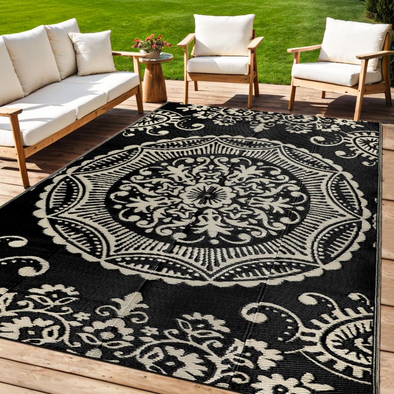 Capslpad 5x8 Outdoor Rug Waterproof Camel Boho Floral Patio Carpet Portable Plastic Straw Rug Foldable Outside Carpet with Carry Bag for RV Backyard Balcony Bench Picnic Porch - Image 1