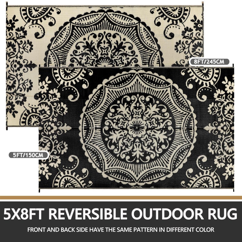 Capslpad 5x8 Outdoor Rug Waterproof Camel Boho Floral Patio Carpet Portable Plastic Straw Rug Foldable Outside Carpet with Carry Bag for RV Backyard Balcony Bench Picnic Porch - Image 2