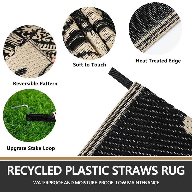 Capslpad 5x8 Outdoor Rug Waterproof Camel Boho Floral Patio Carpet Portable Plastic Straw Rug Foldable Outside Carpet with Carry Bag for RV Backyard Balcony Bench Picnic Porch - Image 3