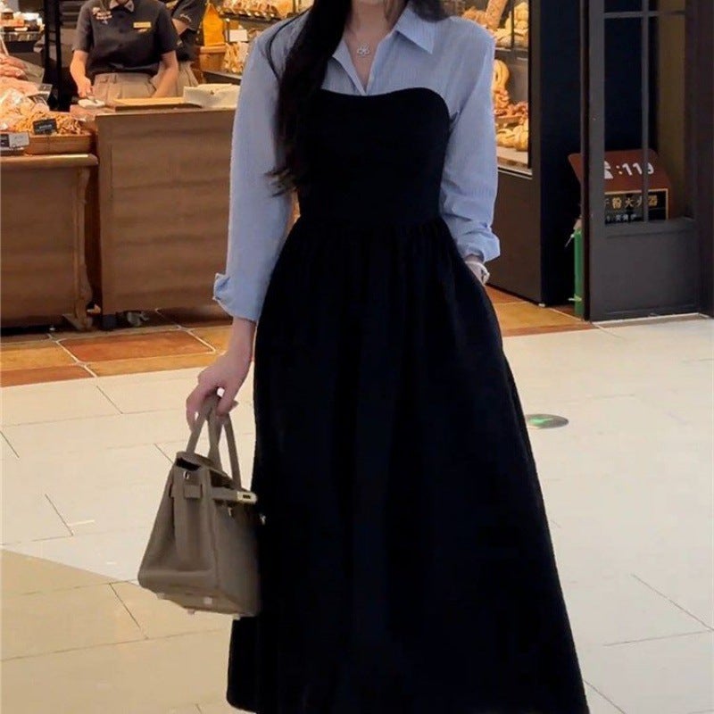 Plus Size Early Autumn New Womens Fake Two-Piece Shirt Black Long-Sleeved Dress High-End Matching Set DMJ1124